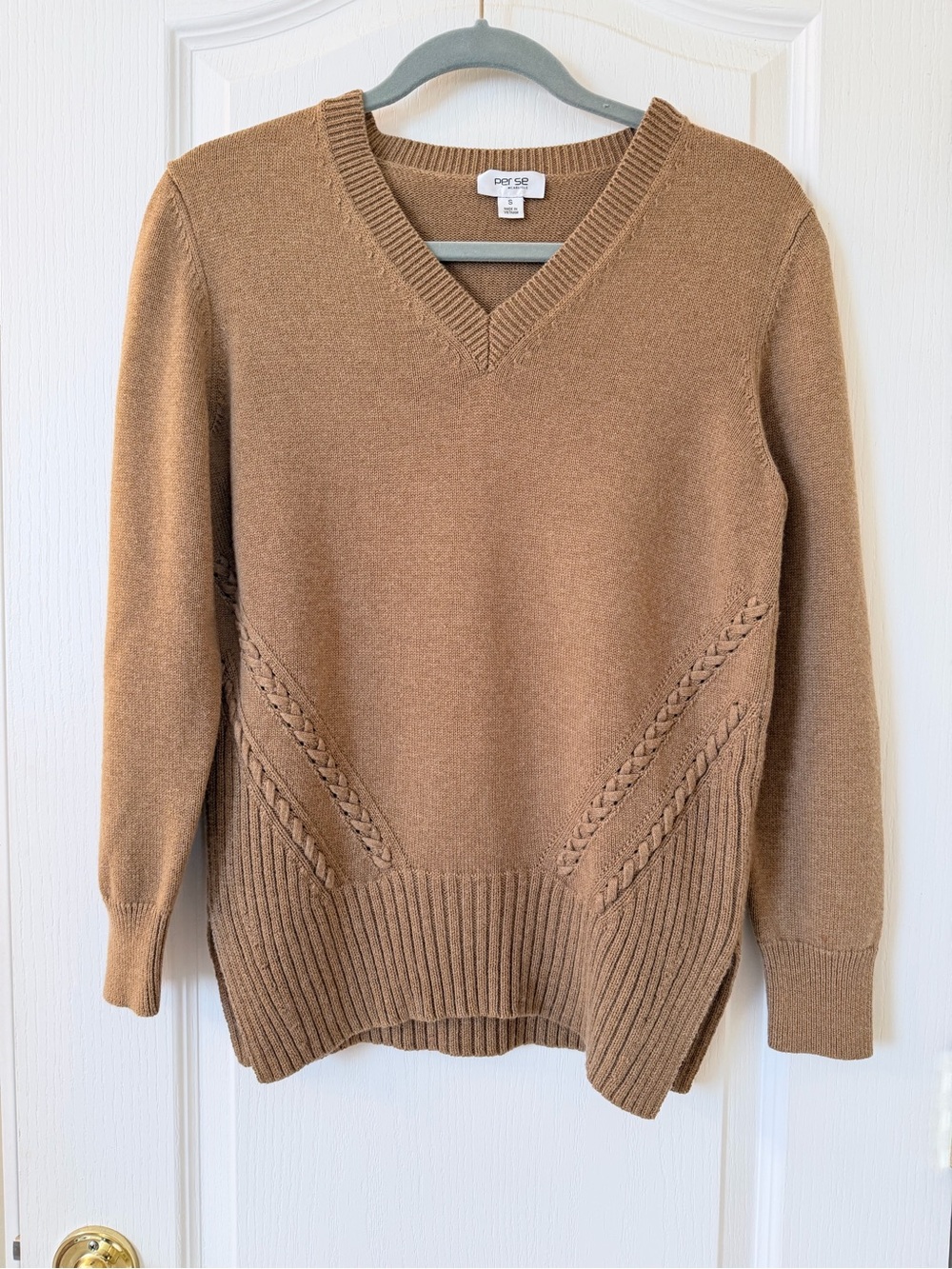 Per Se by Carlisle Camel Brown Cotton Cashmere V Neck Cable Knit Sweater S
